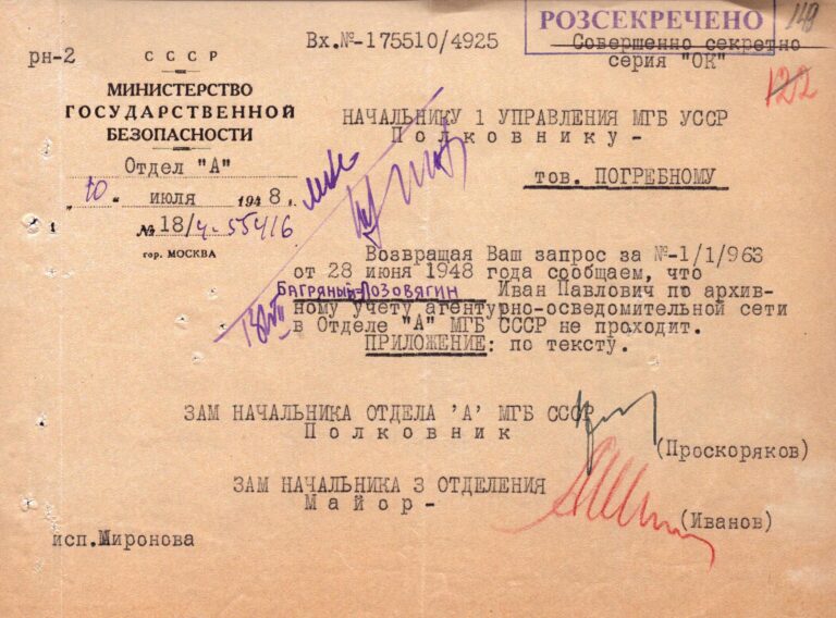 Erstes Blatt der Auskunft des Ministeriums für Staatssicherheit der UdSSR über Iwan Bahrjanyj. Juli 1948.